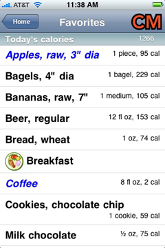 Screen shot of a list of favorite foods